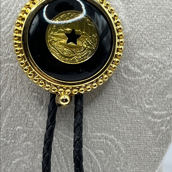 Black and Gold Bolo Tie with Circular Pendant with Star Center Black Braided - Picture 3 of 16